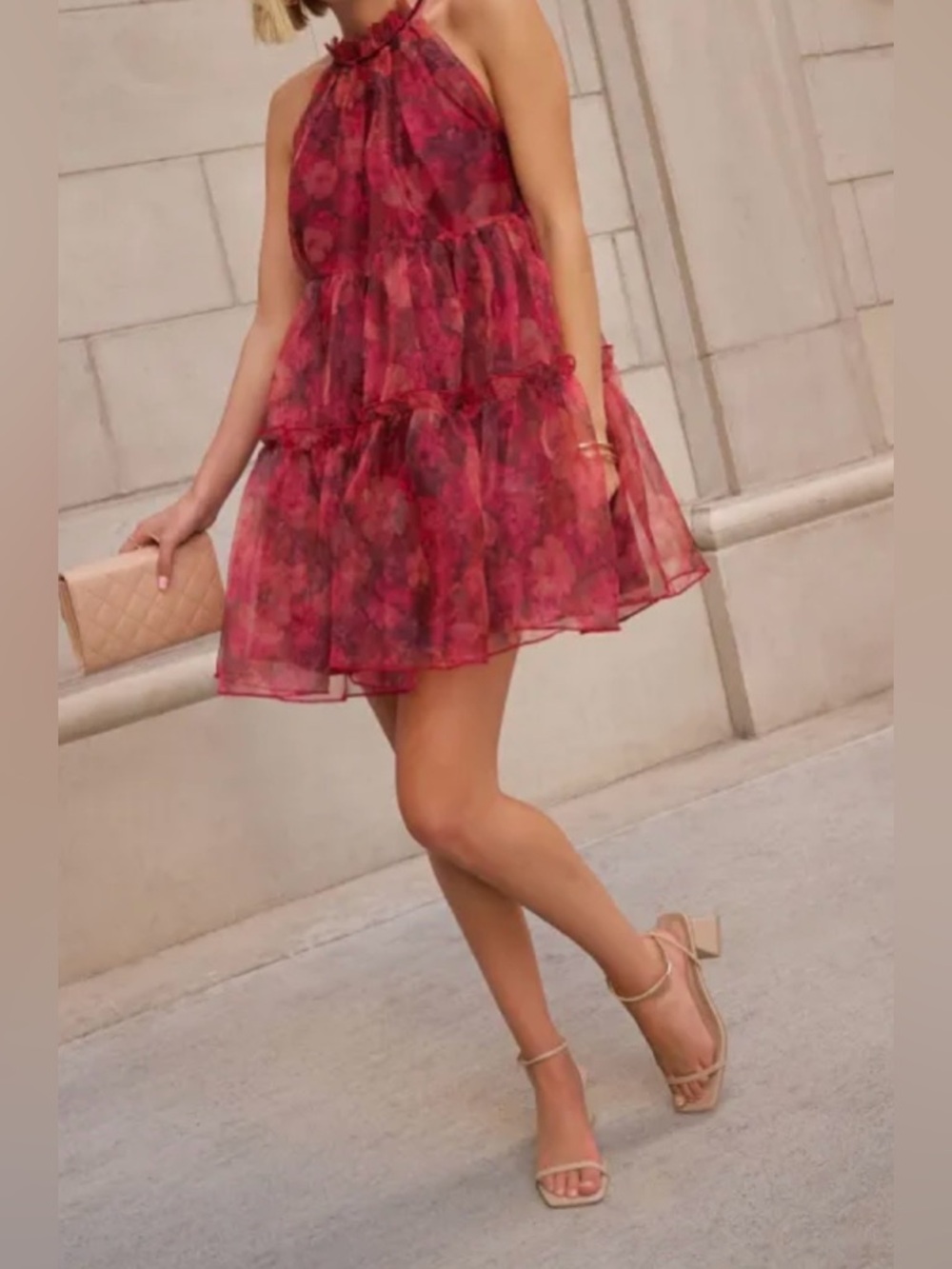Vici Sheer Floral Halter Mini Dress in Berry